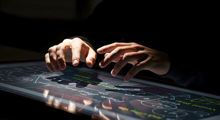 Naklejka premium Close-Up of Hands Interacting with a Digital Touch Screen Display in a Darkened Room With Colorful Data Visualizations and High-Tech Interface Elements