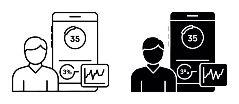 User analytics icon set with smartphone and data charts, outline and solid style, white background, vector Illustration
