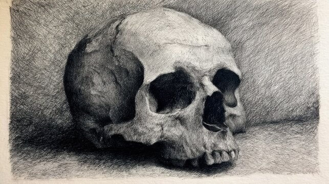 Realistic depiction of a human skull on a simple background in black and white