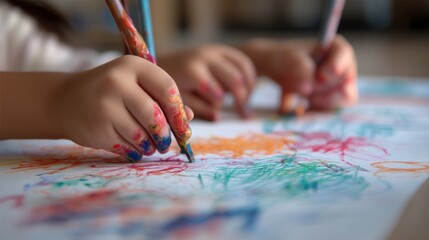 Obraz premium Child hands painting with colorful pens