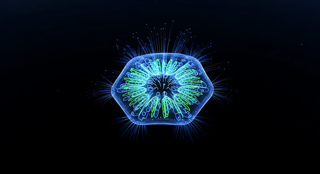Bioluminescent Microscopic Plankton or Deep Sea Organism with Glowing Blue and Green Neon