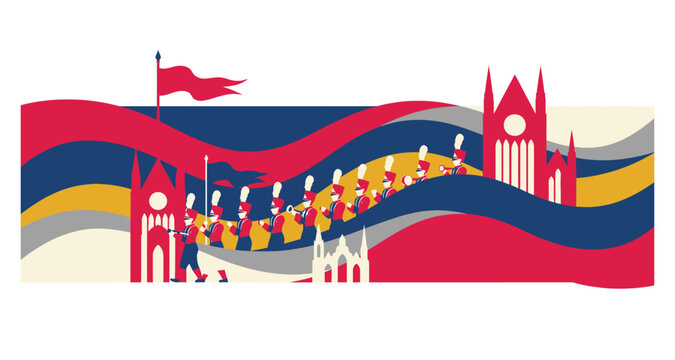 Military parade with stylized architecture on transparent background