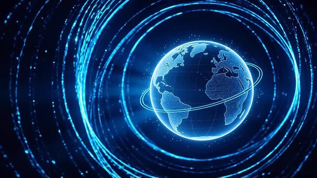 Glowing digital globe with orbiting rings