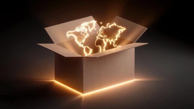 Open Box Glowing World Map E Commerce Package Delivery Concept