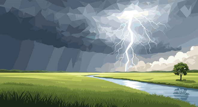 Powerful lightning strike illuminating a dark stormy sky over a green landscape with a winding river and a single tree.