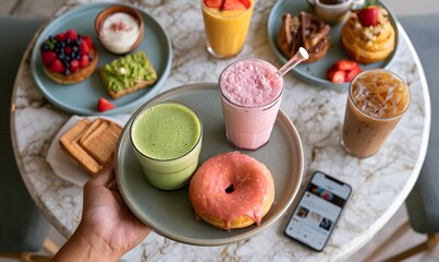 Naklejka premium woman’s tan hand server holding a tray with latte matcha , frapuccino; milkshake on the plate, condensation glistening, soft focus polished café table with breakfast spread: donuts with berries, avoca