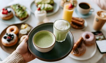 Naklejka premium woman’s tan hand server holding a tray with latte matcha , frapuccino; milkshake on the plate, condensation glistening, soft focus polished café table with breakfast spread: donuts with berries, avoca