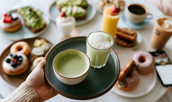 woman&rsquo;s tan hand server holding a tray with latte matcha , frapuccino; milkshake on the plate, condensation glistening, soft focus polished caf&eacute; table with breakfast spread: donuts with berries, avoca