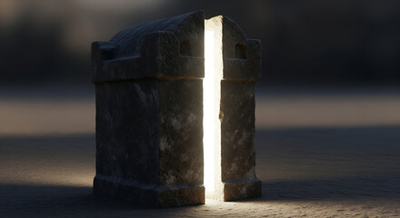 Naklejka premium Ancient Stone Tomb Opening with Divine White Light Shining Through the Crack in the Desert