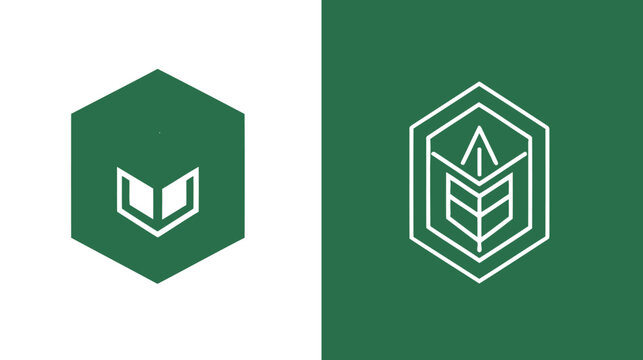 Minimalist green and white hexagon logos with leaf icons