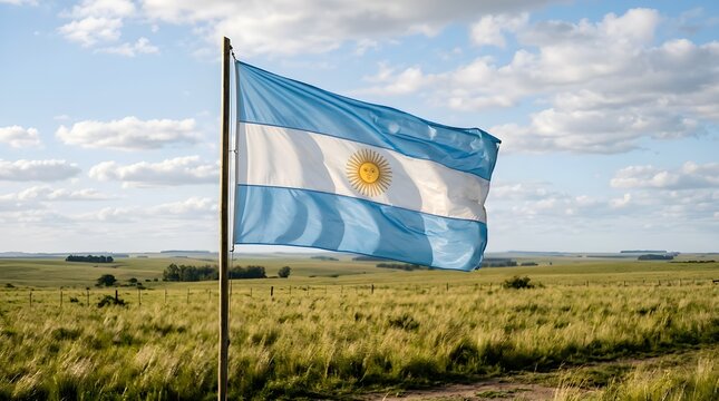 Argentina National Flag Waving on Pole in Rural Grassy Landscape Under Blue Sky