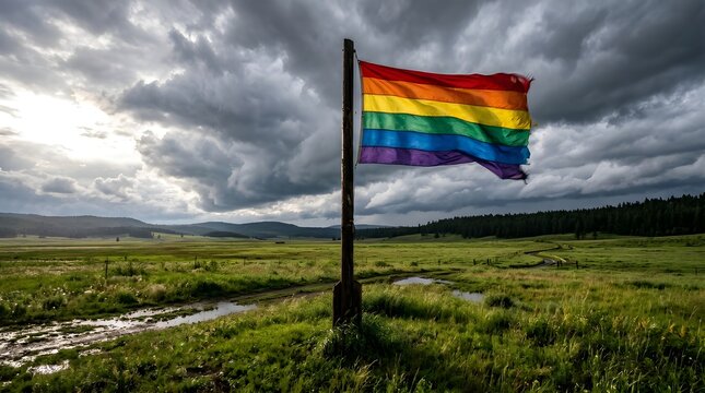 Tattered LGBTQ Pride Flag Waving in a Rural Landscape Under Stormy Clouds