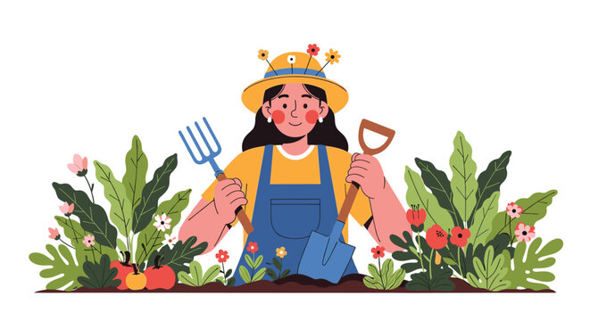 Female gardener in a yellow shirt and blue apron holding a fork and shovel in a vegetable patch with plants and flowers.