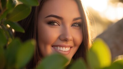 Fototapeta premium Woman smiling while looking through green leaves in afternoon sunlight