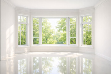 Fototapeta premium bright modern living room with large bay window overlooking lush green garden