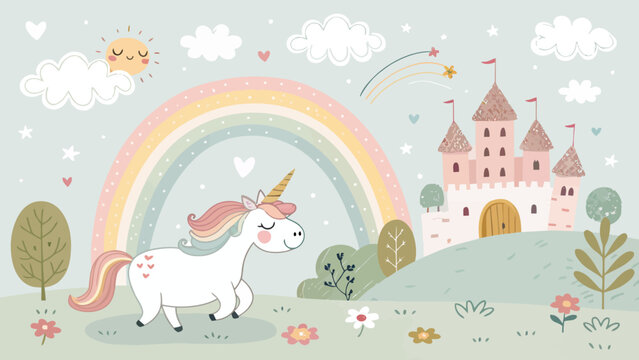 Cute unicorn with rainbow and castle in magical landscape, vector illustration for kids, nursery wall art, baby shower invitation, greeting card