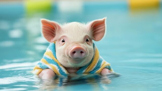 Cute piglet in sweater swimming in blue water, funny animal concept with playful farm pet lifestyle
