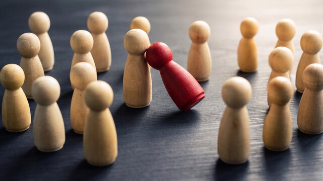 A fallen red figure seeking comfort and support from a group of standing peers, a powerful metaphor for vulnerability, empathy, and collective help.