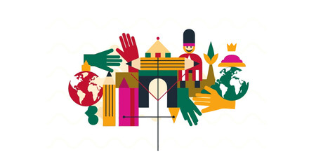 Fototapeta premium Stylized world illustration with hands and architecture on transparent background
