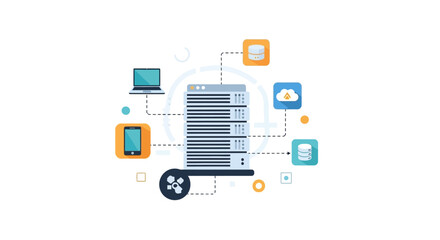 Server with connected devices and icons. © Danang