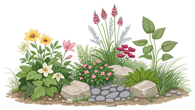 Beautiful garden flower bed with colorful flowers, green plants, and decorative stones