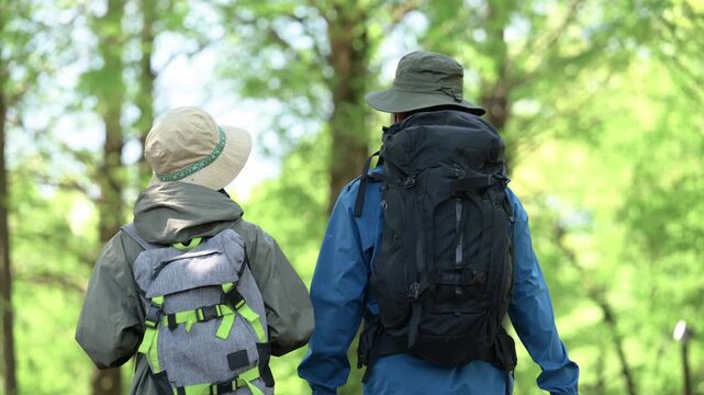 	新緑の春の森の中を歩く夫婦のアウトドア、登山やトレッキングなどの運動イメージ上半身の笑顔の動画　顔無しの後ろ姿	
