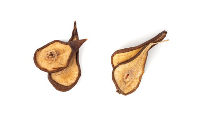 Obraz premium Dry pear slices isolated, dried apple chips, healthy fruit snack
