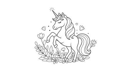 Naklejka premium Charming unicorn rearing up in a field of flowers and leaves, perfect for kids coloring book activities or creative crafts.