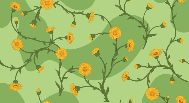 Seamless pattern of yellow wildflowers on long thin stems with green buds over an abstract green wavy background.