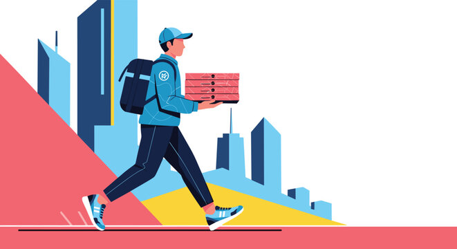 Professional delivery man carrying a stack of pizza boxes while walking through a modern city landscape for fast food service.