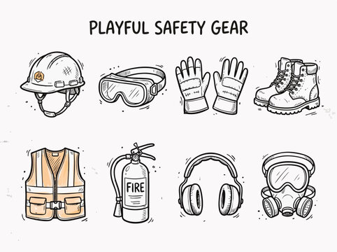 Playful safety gear illustrations showcase protective equipment on white background including a10.eps