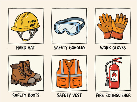 The image depicts various safety equipment neatly arranged in a grid on a flat surface for a workplace safety presentation.