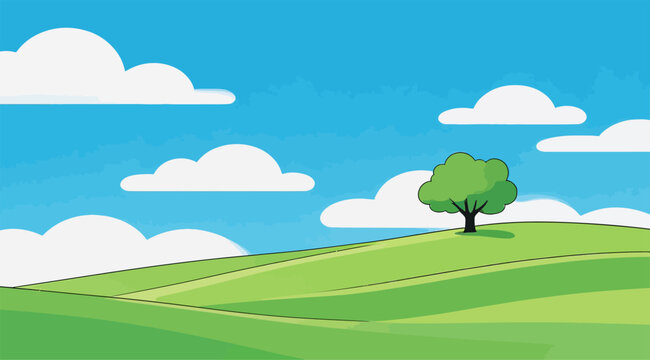 Cartoon idyllic countryside landscape with lone tree and grassy hills