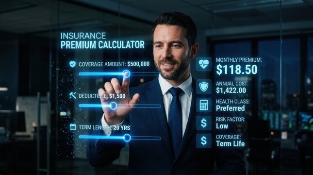 A business professional interacts with a holographic display showing insurance details in a modern office during evening hours.