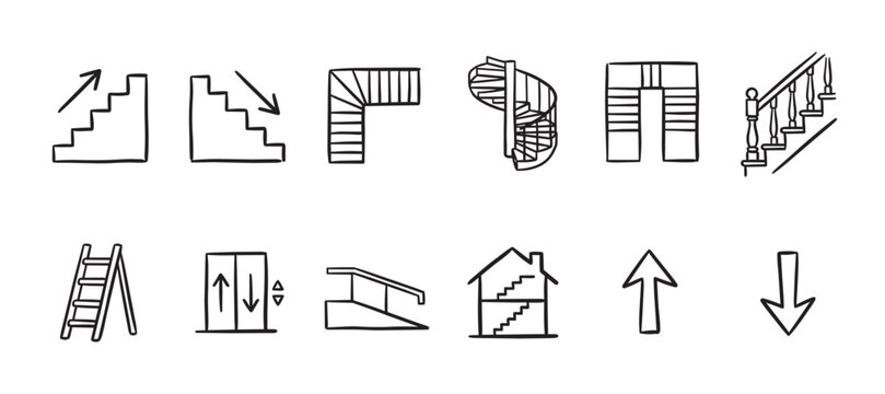 A collection of hand-drawn icons depicting various types of stairs, ladders, and elevators, representing movement, progress, and architectural elements.