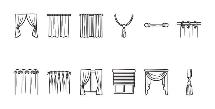 A collection of hand-drawn line art icons illustrating various curtain styles, window treatments, and drapery hardware, perfect for design and interior decoration projects.