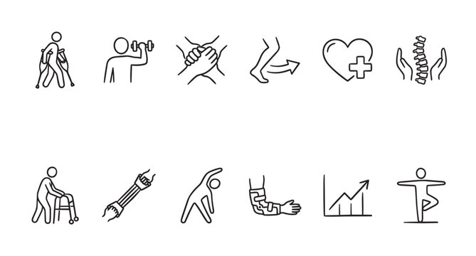 This illustration features a collection of simple black and white line icons representing various aspects of healthcare, physical therapy, and rehabilitation, suitable for medical concepts.