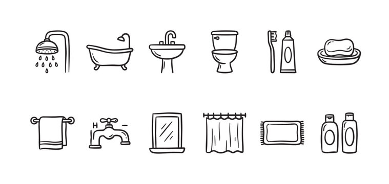 A collection of simple, hand-drawn black and white icons representing various bathroom elements, perfect for design projects.