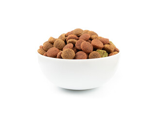 Dry pet food, dog color kibble pile, puppy meat and vegetable pellets, canine protein granules © ange1011