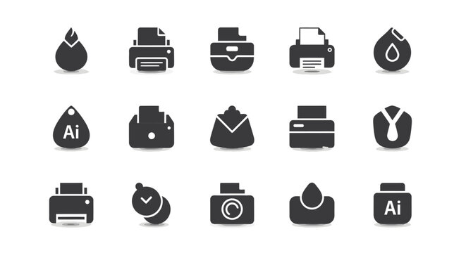 Black icons of printing technology tools.