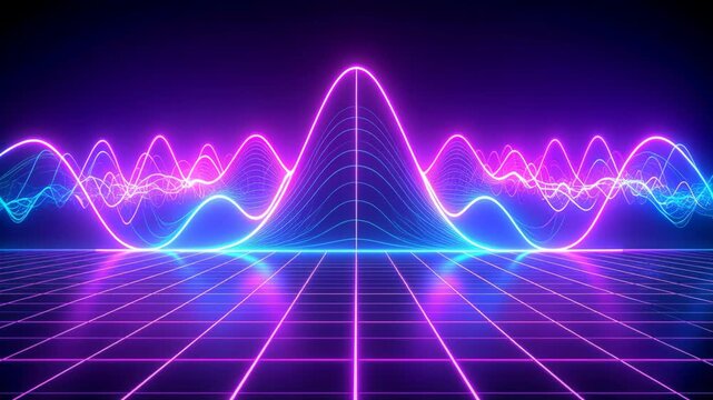 Digital audio equalizer displaying sound waves on retro futuristic neon grid glowing blue and pink light.