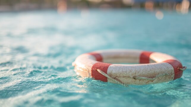 Lifebuoy floats in clear water at a swimming pool during sunny day