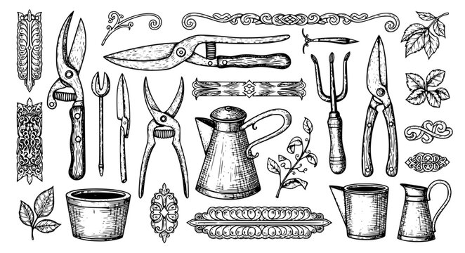 Vintage hand drawn garden tool icon set featuring pruning shears scissors metal watering cans rustic pots and decorative ornaments vector.