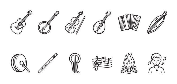 A collection of hand-drawn icons featuring various folk music instruments, musical notes, a campfire, and a singer, ideal for creative projects related to music and culture.