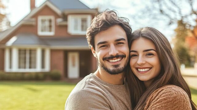 selective focus young couple standing in front of new home smiling with pride