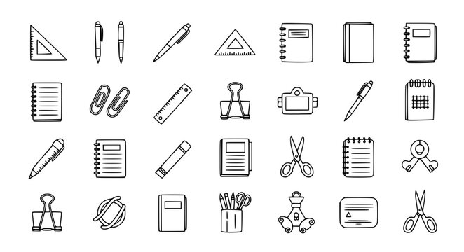 Hand drawn doodle school stationery icon set featuring pens, notebooks, rulers, paper clips, scissors, and office supplies vector.