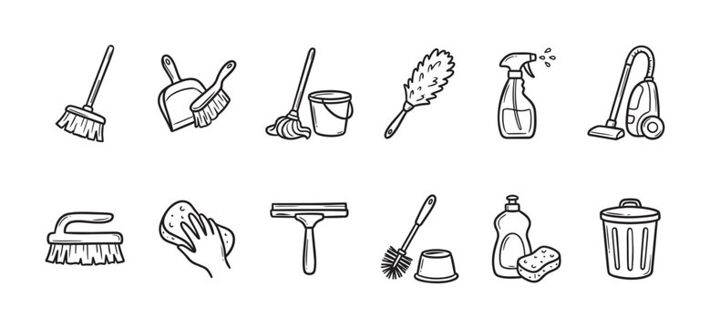 A collection of hand-drawn cleaning supplies including a broom, dustpan, mop, bucket, duster, spray bottle, vacuum, brush, sponge, squeegee, toilet brush, detergent, and trash can.