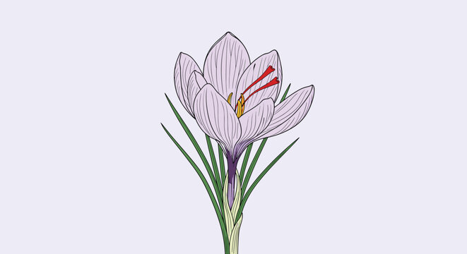 Detailed botanical illustration of a purple saffron crocus flower with its red stigmas against a light purple background.