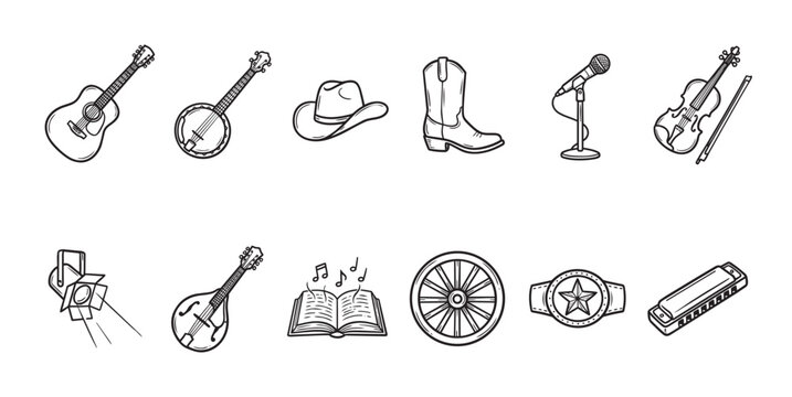A collection of hand-drawn vector icons representing country music elements including instruments, attire, and symbols against a clean white background.