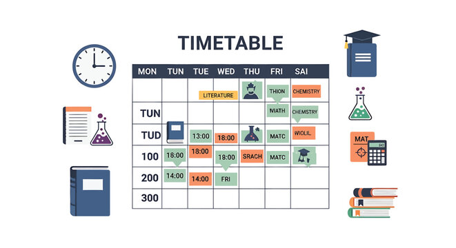 School Timetable, Educational Schedule, Classroom Planner, Vector School Icons